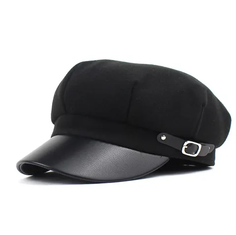 Women Vintage Woolen Newsboy Cap PU Leather Splicing Eight-Panel Beret Hat With Side Buckle For Autumn Winter Daily