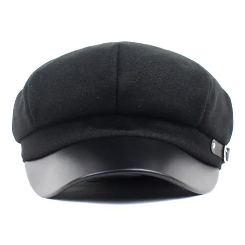 Women Vintage Woolen Newsboy Cap PU Leather Splicing Eight-Panel Beret Hat With Side Buckle For Autumn Winter Daily