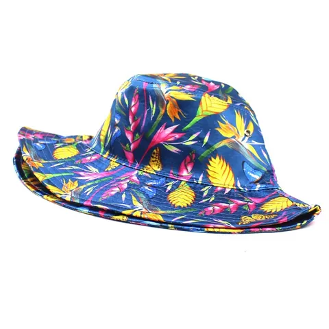 Women Fashion Tropical Print Bucket Hat Satin Cotton Blend Foldable Sun Hat Outdoor Travel Beach Vacation Fisherman Hat
