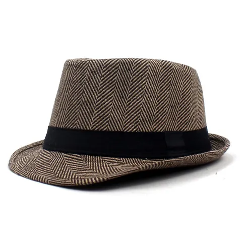 Chapeau Fedora Vintage à Chevrons pour Hommes Style Britannique Gentleman Mélange de Laine Jazz Cap Avec Bande Noire
