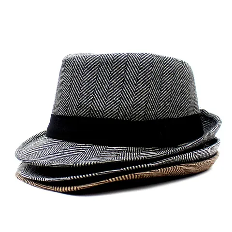 Chapeau Fedora Vintage à Chevrons pour Hommes Style Britannique Gentleman Mélange de Laine Jazz Cap Avec Bande Noire