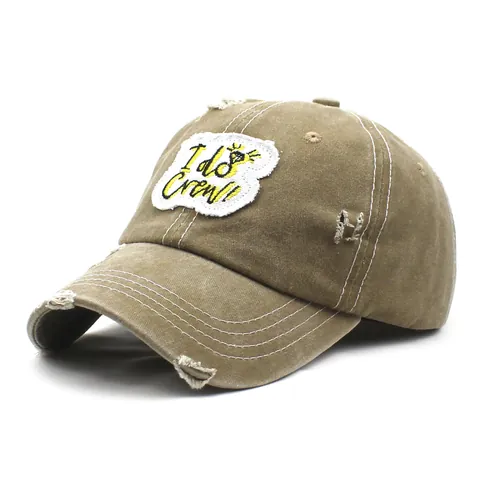 Casquette de Baseball en Coton Vieilli pour Femmes I Do Crew Broderie Patch Vintage Lavé Déchiré Bord Incurvé Réglable Chapeau pour Mariage Fête
