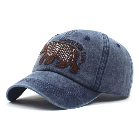 Vintage Washed Cotton Baseball Cap Brown Bear Yellowstone National Park Embroidery Adjustable Fashion Sun Hat Men Women