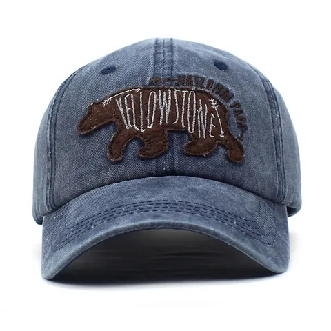 Vintage Washed Cotton Baseball Cap Brown Bear Yellowstone National Park Embroidery Adjustable Fashion Sun Hat Men Women