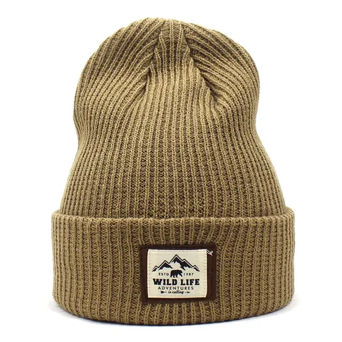 Unisex Winter Warm Knitted Beanie Hat With Wild Life Adventures Patch Ribbed Acrylic Pullover Cap For Outdoor Casual Wear