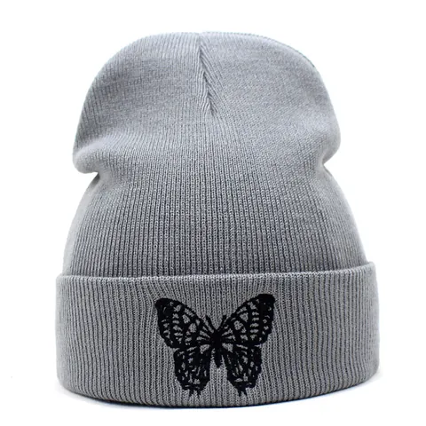 Bonnet en Tricot pour Femmes Avec Broderie de Papillon Couleur Unie Acrylique Calotte à Revers pour Automne Hiver