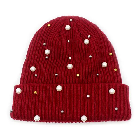 Berretto in Maglia da Donna con Decorazione di Perle Autunno Inverno Outdoor Caldo Berretto a Costine con Perle d'Imitazione e Perline di Metallo Cappello all'Uncinetto Dolce per Donna