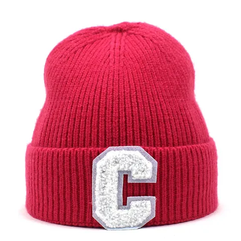Berretto Beanie in Maglia a Costine Unisex Con Patch in Ciniglia Lettera C Caldo Tinta Unita Inverno Autunno