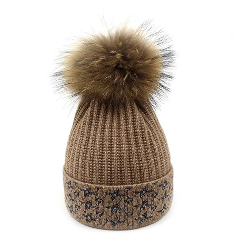 Women's Winter Knit Beanie Hat With Large Faux Fur Pom-Pom Silver Lurex Star Pattern Ribbed Slouchy Thermal Skull Cap