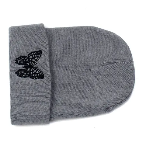Bonnet en Tricot pour Femmes Avec Broderie de Papillon Couleur Unie Acrylique Calotte à Revers pour Automne Hiver