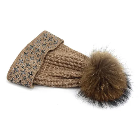 Women's Winter Knit Beanie Hat With Large Faux Fur Pom-Pom Silver Lurex Star Pattern Ribbed Slouchy Thermal Skull Cap