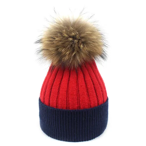 Fashion Women Winter Warm Knit Beanie Hat With Large Fur Pom-Pom Patchwork Striped Woolen Yarn Pullover Rolled Edge Cap