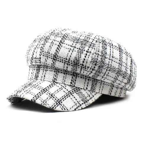 Women Vintage British Plaid Newsboy Cap Polyester Cotton Octagonal Hat Retro Checkered Beret Casual Short Brim Cabbie Hat