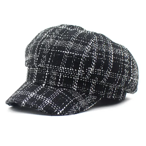Women Vintage British Plaid Newsboy Cap Polyester Cotton Octagonal Hat Retro Checkered Beret Casual Short Brim Cabbie Hat