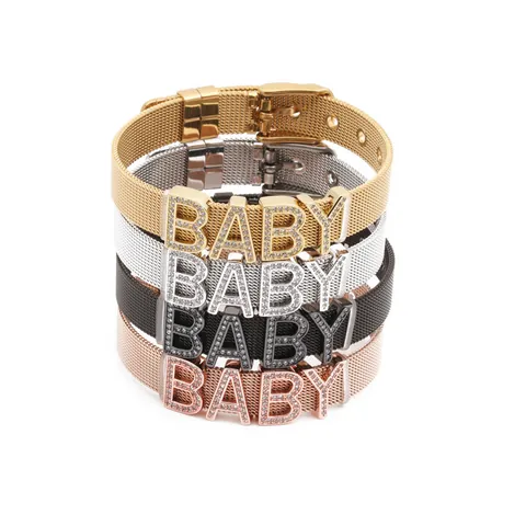Stainless Steel Mesh Bracelet Rhinestone BABY Letter Adjustable Watchband Style Jewelry For Men Women Trendy Fashion Bracelet