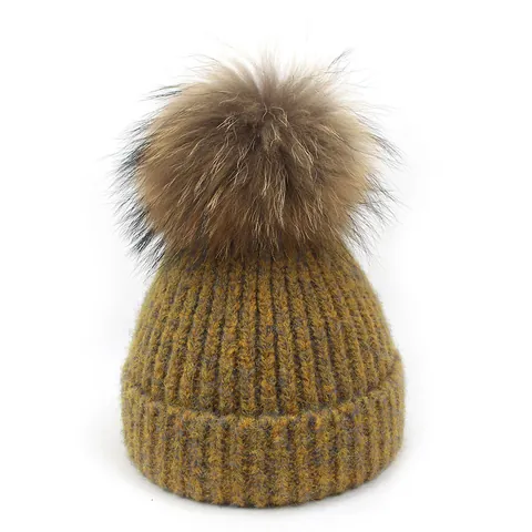 Berretto da Donna in Maglia con Pompon in Vera Pelliccia di Procione Caldo Acrilico a Coste con Risvolto per Inverno