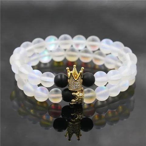 Krone Paar Perlenarmband Set Naturstein Kupfer Zirkonia Mondstein Agat Lavastein Armbänder Für Herren Damen Schmuck Geschenk