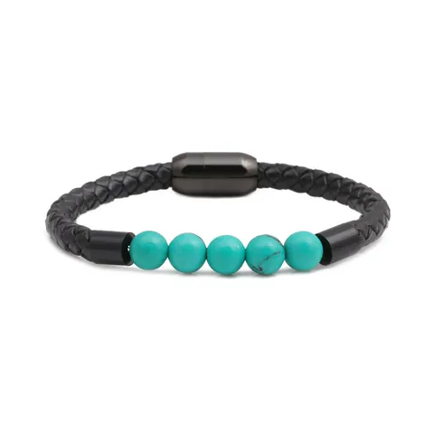 Fashion Men Woven Genuine Leather Bracelet With Stainless Steel Magnetic Clasp Synthetic Turquoise Beaded Stone Jewelry Gift