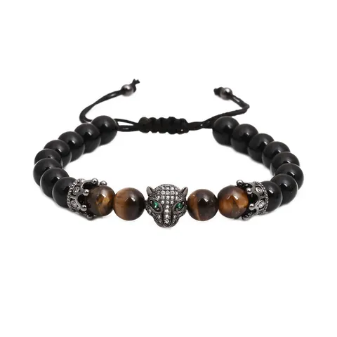 Handmade Beaded Wolf Head Lion Skull Woven Bracelet For Men Adjustable Matte Black Tiger Eye Stone Rhinestone Bracelet Jewelry Gift