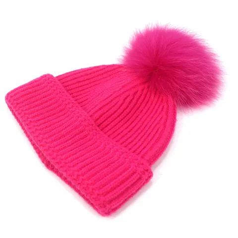 Berretto in Maglia Invernale da Donna Con Pompon in Vera Pelliccia di Volpe Filato Core Spun Risvolto a Costine Caldo Skully Cap Accessorio Moda