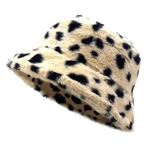 Women's Vintage Plush Bucket Hat Faux Fur Animal Leopard Print Warm Winter Polyester Fisherman Cap Soft Flat Top Hat