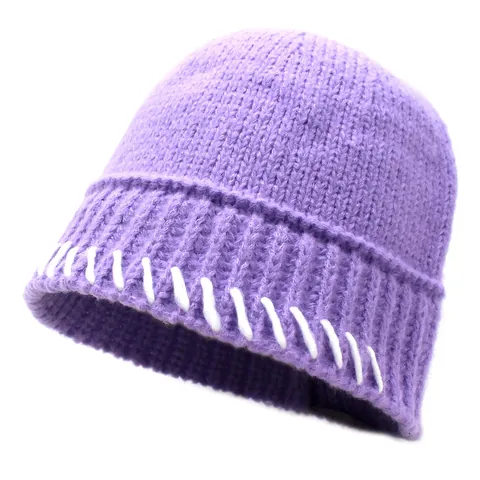 Women's Striped Knit Hat Warm Winter Beanie Woolen Yarn Contrast Stitching Fashionable Brimless Outdoor Accessories Skull Cap