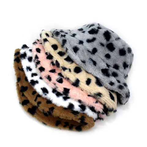 Women's Vintage Plush Bucket Hat Faux Fur Animal Leopard Print Warm Winter Polyester Fisherman Cap Soft Flat Top Hat