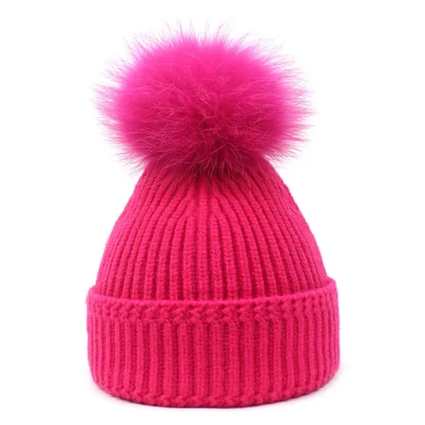 Berretto in Maglia Invernale da Donna Con Pompon in Vera Pelliccia di Volpe Filato Core Spun Risvolto a Costine Caldo Skully Cap Accessorio Moda