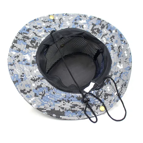 Men Outdoor Digital Camouflage Boonie Hat Wide Brim Sun Hat With Breathable Mesh Adjustable Drawstring For Hiking Fishing
