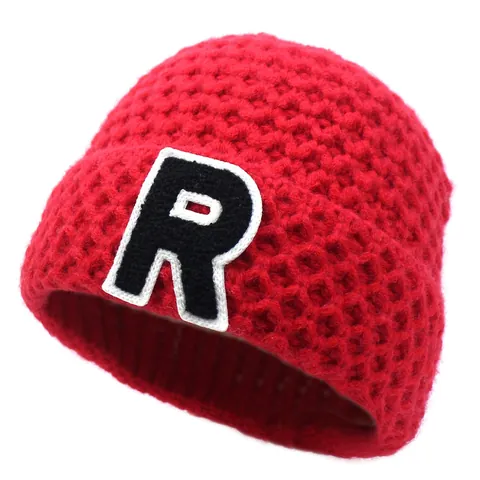 Letter R Patch Knitted Beanie Hat For Women Men Winter Warm Acrylic Cuffed Knit Cap Solid Color Casual Outdoor Headwear