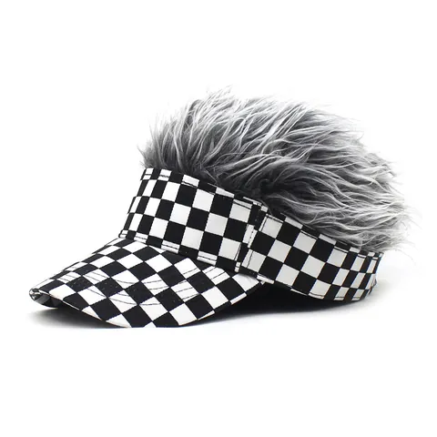 Visiera Divertente Con Parrucca Motivo Scacchiera Bianco E Nero Cappello Creativo Per Feste E Sport
