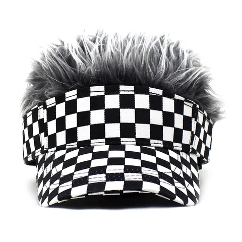 Visiera Divertente Con Parrucca Motivo Scacchiera Bianco E Nero Cappello Creativo Per Feste E Sport