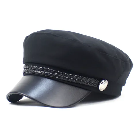 Vintage Women Military Hat Cotton Blend Newsboy Cap With Artificial Leather Brim Braided Rope Decoration Flat Top Fiddler Hat