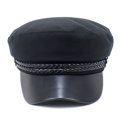 Vintage Women Military Hat Cotton Blend Newsboy Cap With Artificial Leather Brim Braided Rope Decoration Flat Top Fiddler Hat