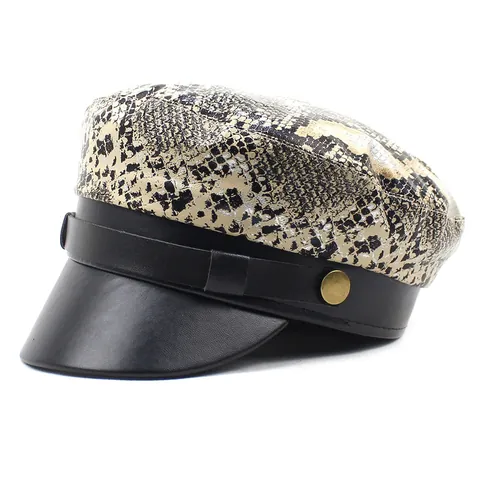 Berretto Newsboy da Donna alla Moda con Stampa Serpente in Pelle PU Patchwork Cappello da Marinaio Retro Baker Boy con Fibbia in Metallo