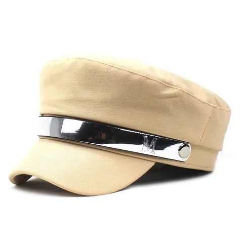 Damen Casual Baumwolle Militär Cadet Cap Flache Krone Marine Hut Mit Silber Metallstreifen Buchstabe M Dekor Herbst Winter Hut