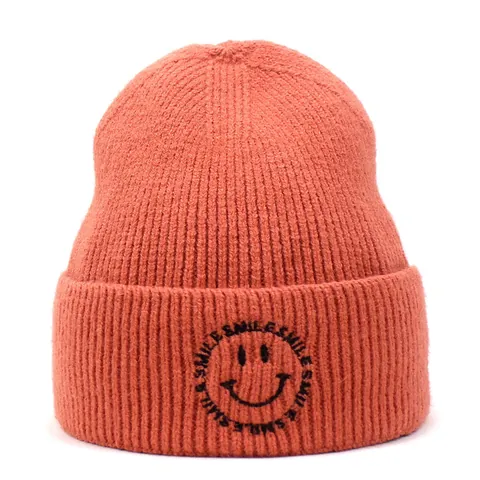 Women Autumn Winter Sheep Cashmere Knit Beanie Hat Smiley Face Smile Embroidery Letter Cuffed Pullover Warm Outdoor Hat