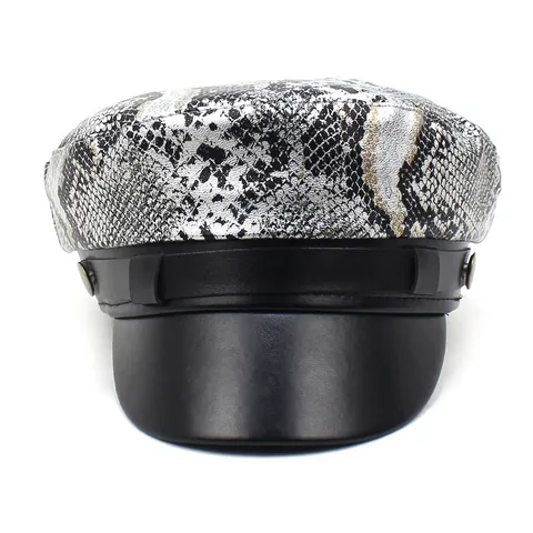 Berretto Newsboy da Donna alla Moda con Stampa Serpente in Pelle PU Patchwork Cappello da Marinaio Retro Baker Boy con Fibbia in Metallo