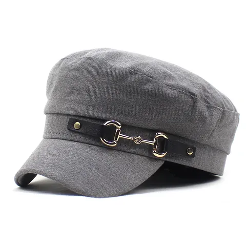 Vintage Women Baker Boy Hat Cotton Flat Top Naval Cap With Gold Horsebit Leather Strap Casual Fashion Newsboy Cabbie Hat