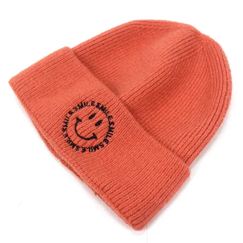 Women Autumn Winter Sheep Cashmere Knit Beanie Hat Smiley Face Smile Embroidery Letter Cuffed Pullover Warm Outdoor Hat