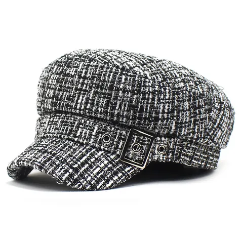 Women's Vintage Black White Plaid Cotton Newsboy Cap Flat Top Navy Hat With Metal Square Buckle Winter Warm Tweed Baker Boy Hat