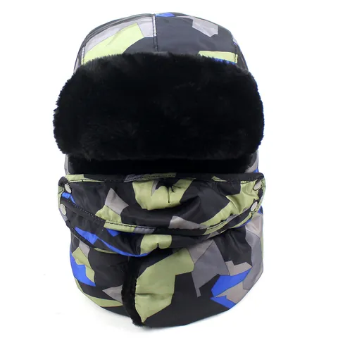 Χειμερινός Σκούφος Ushanka Με Γεωμετρικό Καμουφλάζ Και Μάσκα Προσώπου Με Επένδυση Fleece Αντιανεμικός Για Σκι Σε Εξωτερικούς Χώρους