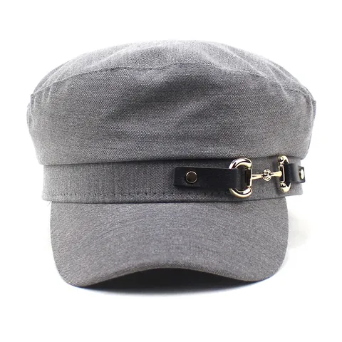 Vintage Women Baker Boy Hat Cotton Flat Top Naval Cap With Gold Horsebit Leather Strap Casual Fashion Newsboy Cabbie Hat