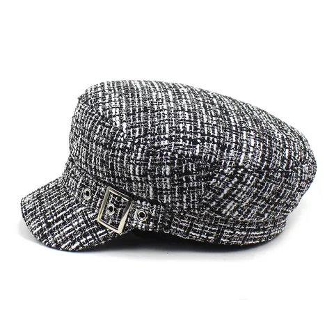 Women's Vintage Black White Plaid Cotton Newsboy Cap Flat Top Navy Hat With Metal Square Buckle Winter Warm Tweed Baker Boy Hat