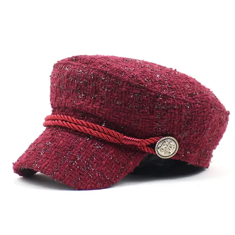Women Vintage Tweed Newsboy Cap Plaid Baker Boy Hat With Rope Metal Button Autumn Winter Warm Navy Hat Ladies Fashion Accessory