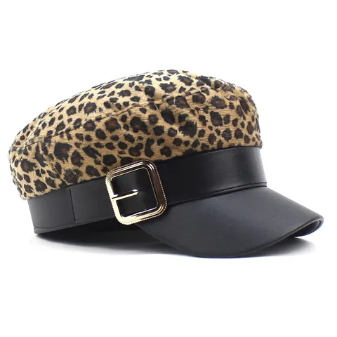 Gorra de Marinero para Mujer con Estampado de Leopardo Sombrero Newsboy Vintage con Ala de Cuero Sintético Hebilla de Metal Otoño Invierno