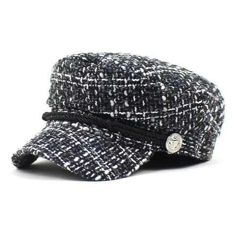 Vintage Tweed Newsboy Cap For Women British Style Baker Boy Hat With Anchor Button Decoration Autumn Winter Warm Flat Top Hat