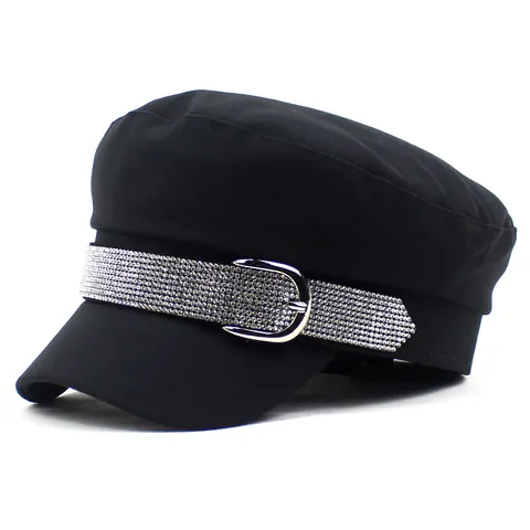 Dames Mode Strass Matrozenhoed Katoen Polyester Platte Bovenkant Fiddler Cap Met Metalen Gesp Voor Casual Reizen Buiten