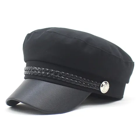 Women's Casual Navy Hat With Leather Brim Cotton Flat Top Fiddler Cap Vintage Newsboy Hat With Braided Trim Metal Button