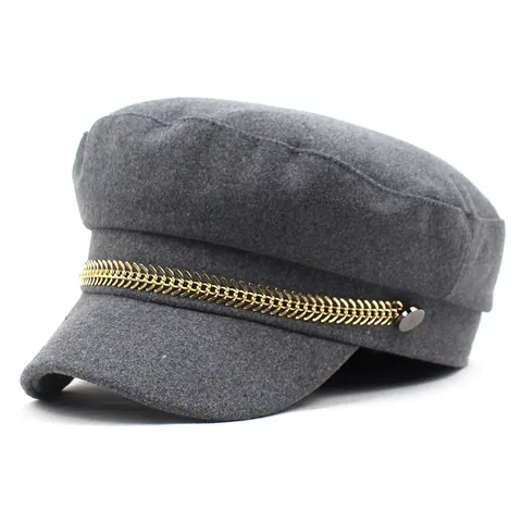 Vintage Newsboy Cap For Women Solid Color Cotton Blend Fiddler Hat With Gold Metal Chain Winter Warm Baker Boy Hat